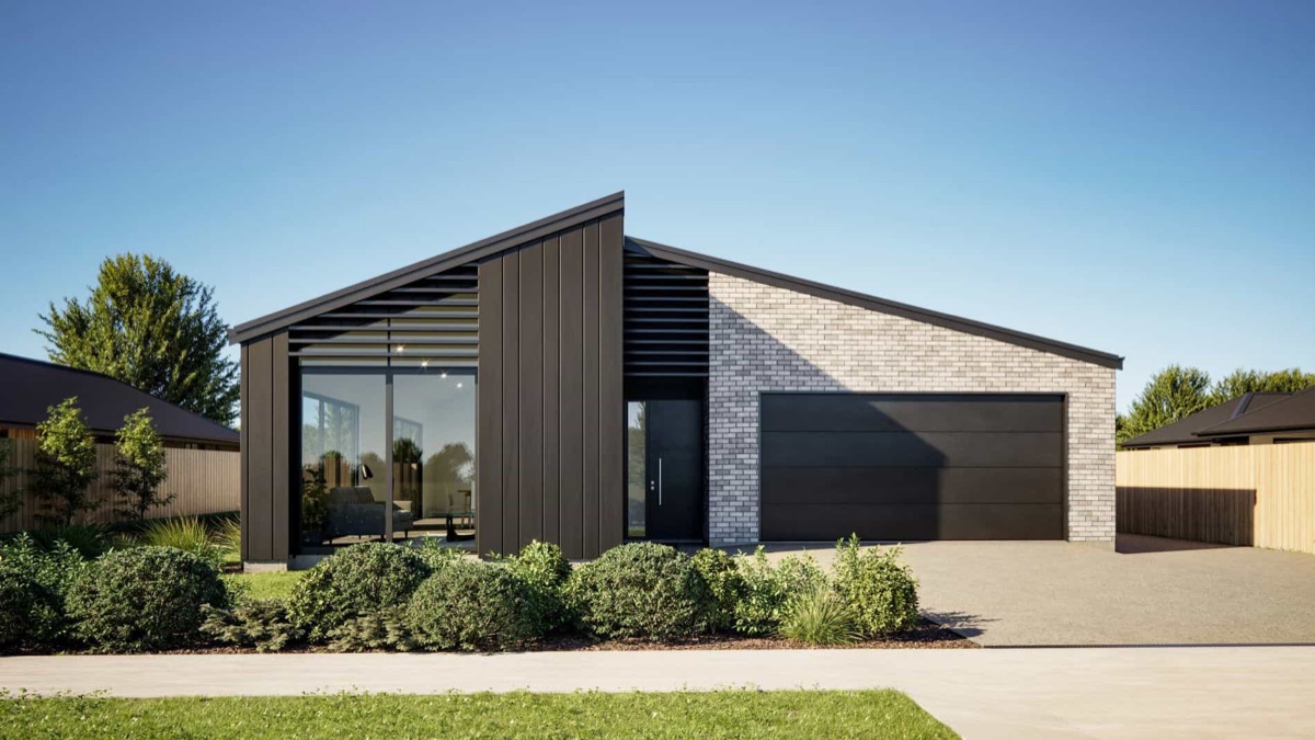 The Bellgrove, a single-storey Fowler Homes plan with a raking roofline, dark cladding and double garage