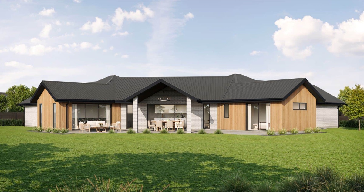 The Maruawai, a wide single-storey Fowler Homes plan with a central gable and covered outdoor living